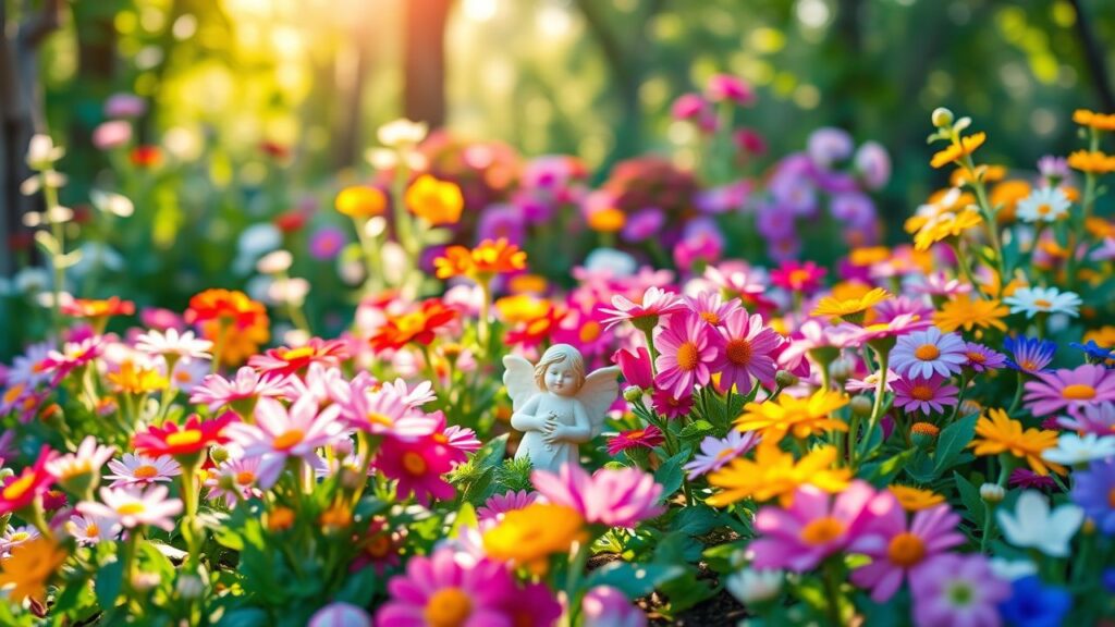 Een vredige tuin met bloeiende bloemen en een engelenbeeldje.