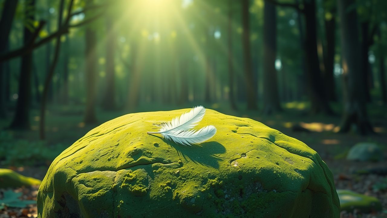 Een witte veer rust op een groene rots in het bos.