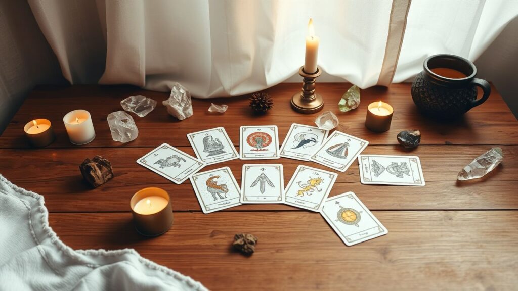 Een houten tafel met Lenormand kaarten, kaarsen en kristallen.