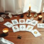 Een houten tafel met Lenormand kaarten, kaarsen en kristallen.