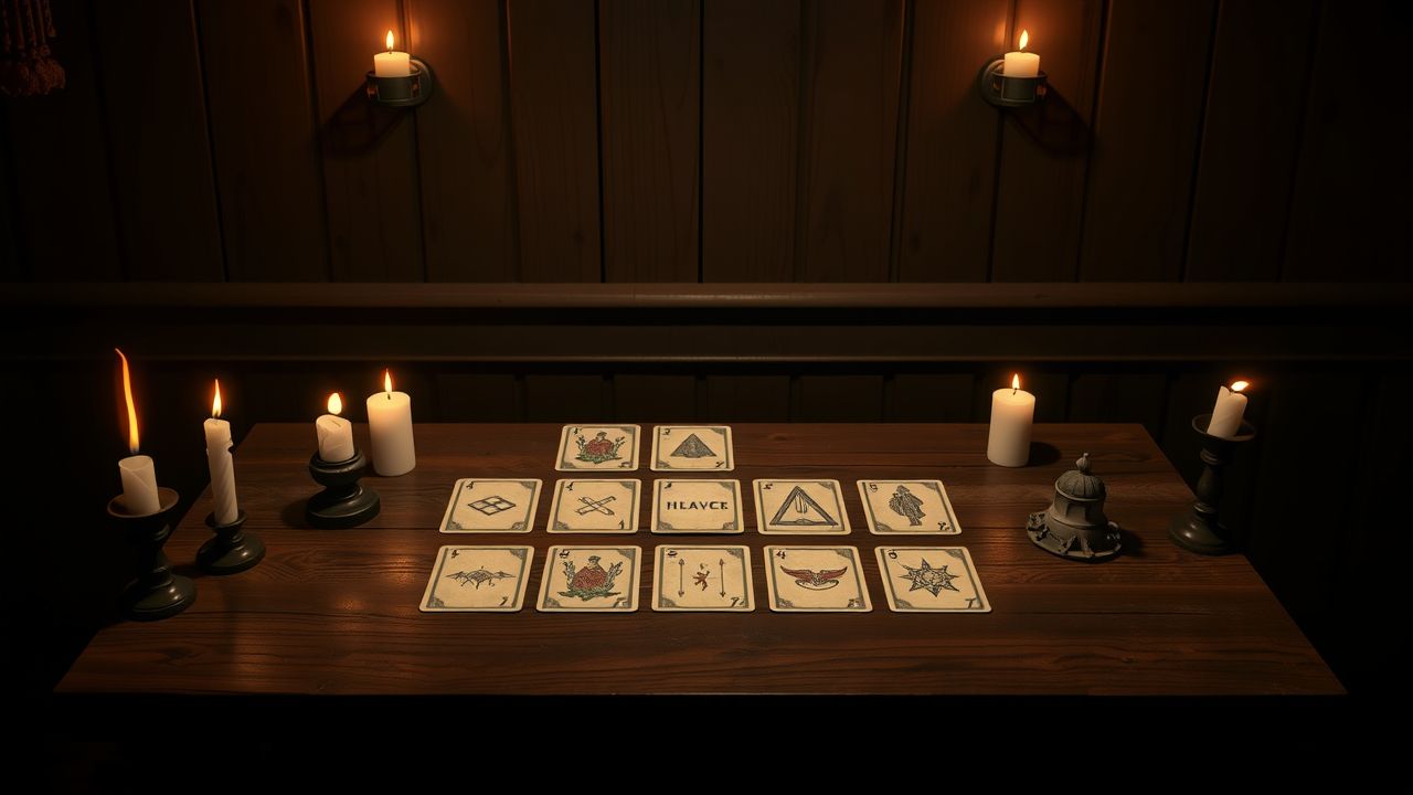 Een houten tafel met 13 versleten Lenormand kaarten en kaarsen.