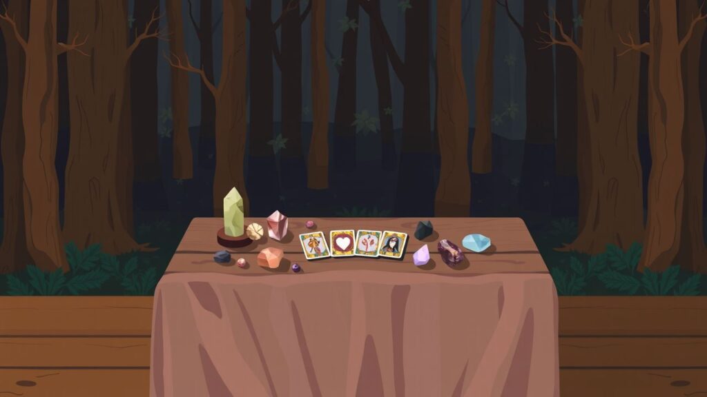 Een gezellige tafel in het bos met tarotkaarten en kristallen.