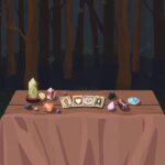 Een gezellige tafel in het bos met tarotkaarten en kristallen.