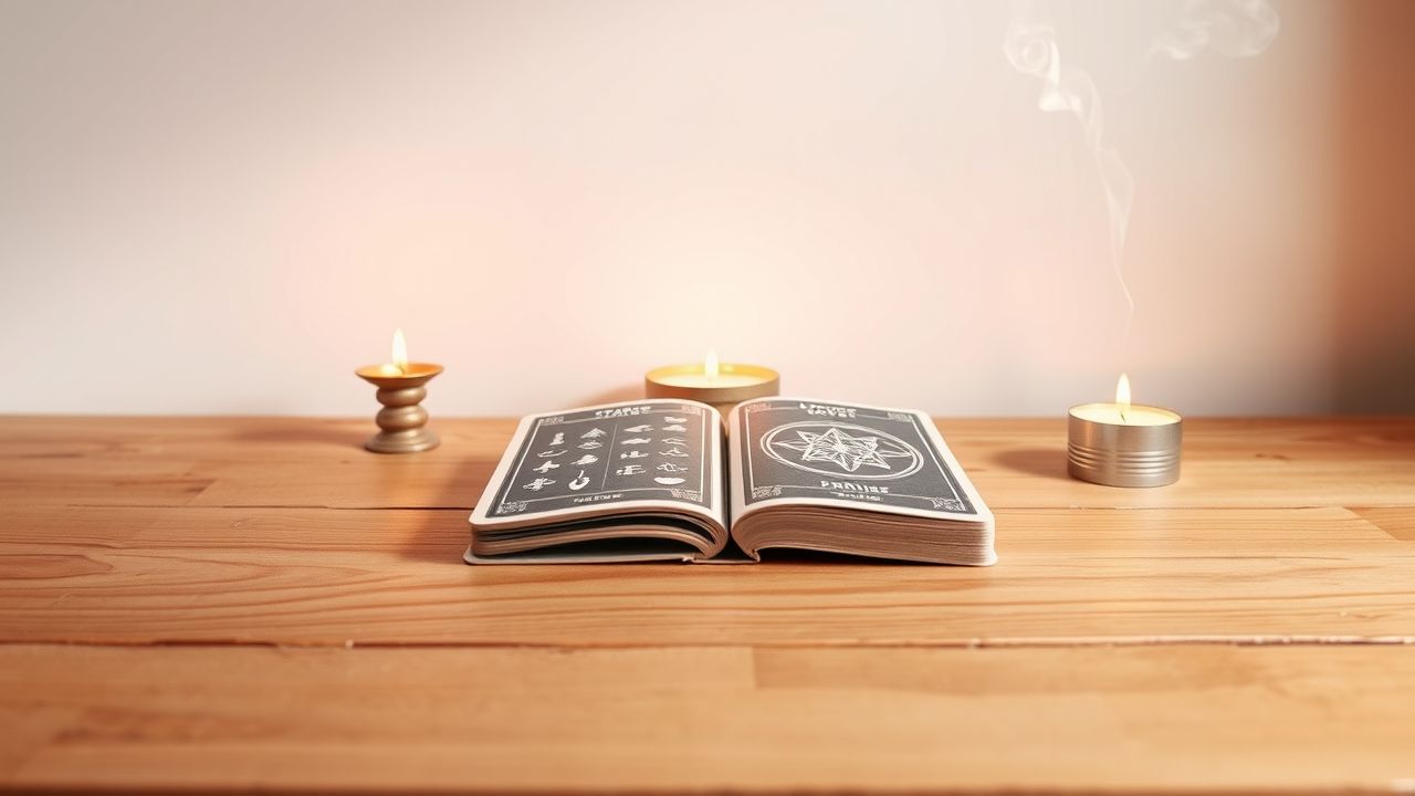 Een open tarotkaartendek op een tafel met kaarslicht en wierook. Een open tarotkaartendek op een tafel met kaarslicht en wierook.