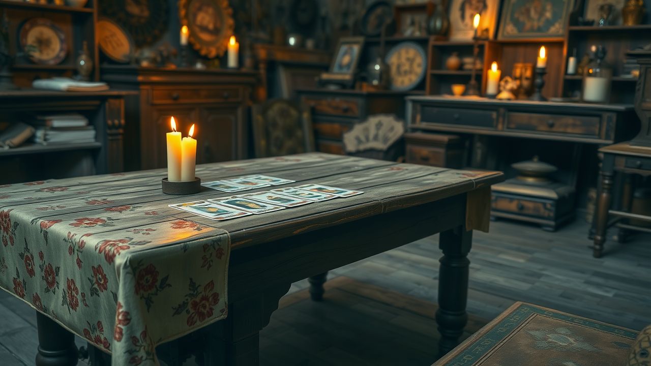 Een oude zolder met een tafel vol Lenormand-kaarten en kaarslicht. Een oude zolder met een tafel vol Lenormand-kaarten en kaarslicht.