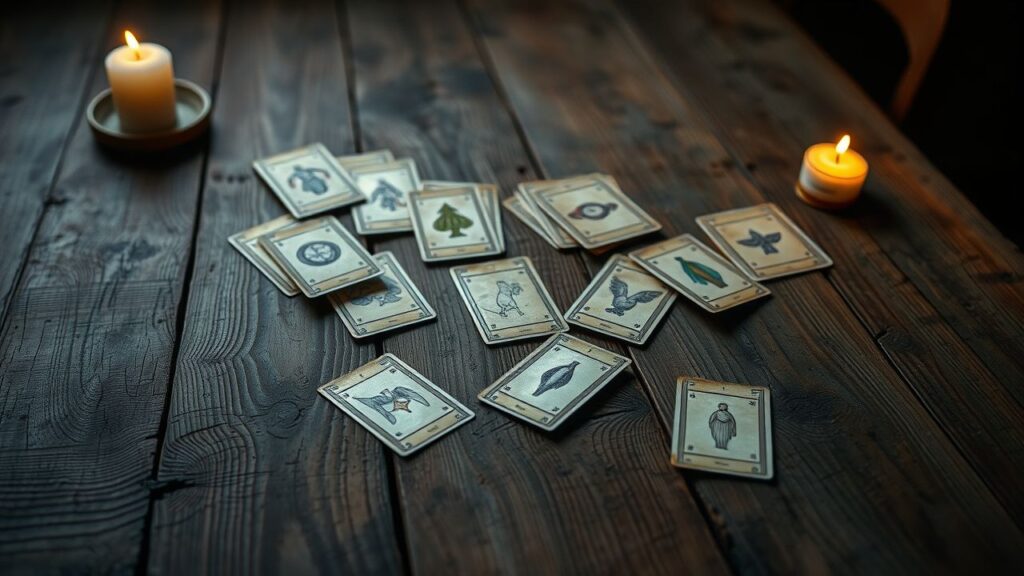 Een verweerde tafel met Lenormand kaarten in kaarslicht.