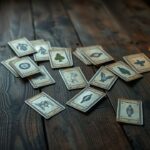 Een verweerde tafel met Lenormand kaarten in kaarslicht.