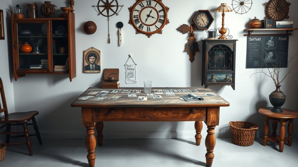 Een oude houten tafel met tarotkaarten en vintage decor.