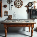 Een oude houten tafel met tarotkaarten en vintage decor.