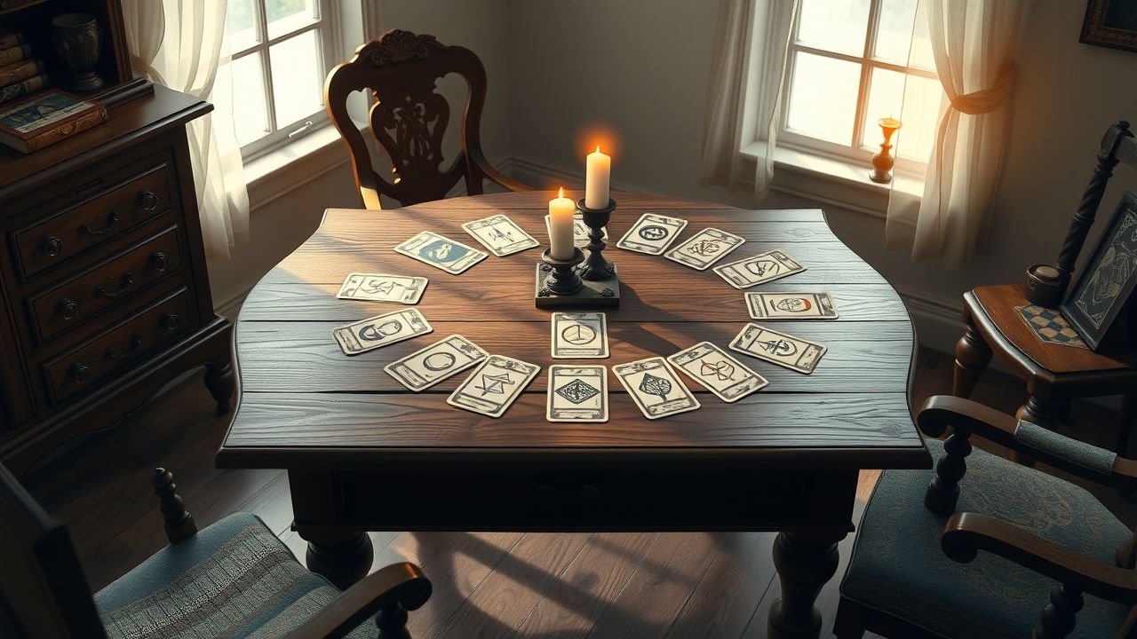 Een tafel met mystieke kaarten in een gezellige kamer. Een tafel met mystieke kaarten in een gezellige kamer.