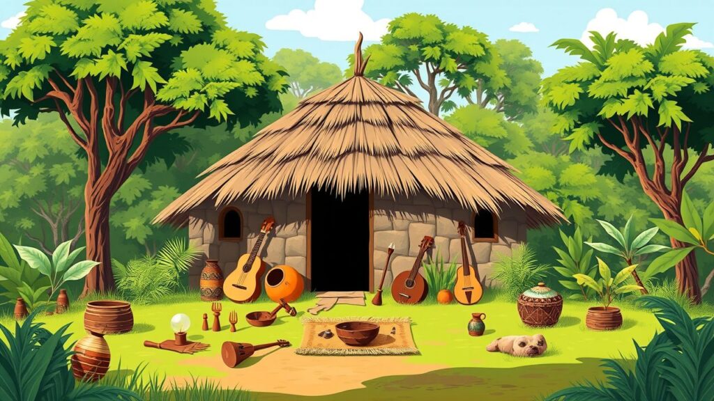 Een flat design illustratie van een traditionele Afrikaanse sjamanenhut in een afgelegen dorp.