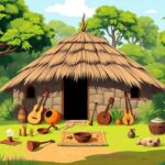 Een flat design illustratie van een traditionele Afrikaanse sjamanenhut in een afgelegen dorp.