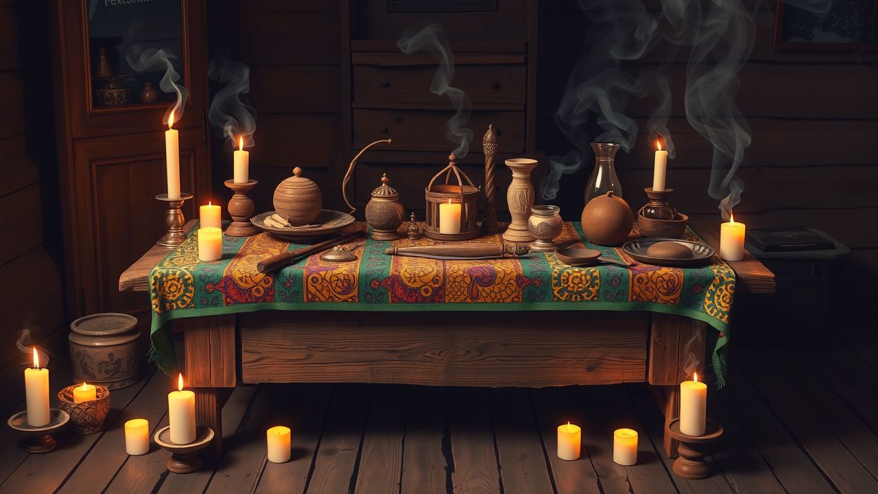 Een oude houten tafel met mystieke voorwerpen en kaarsen. Een oude houten tafel met mystieke voorwerpen en kaarsen.