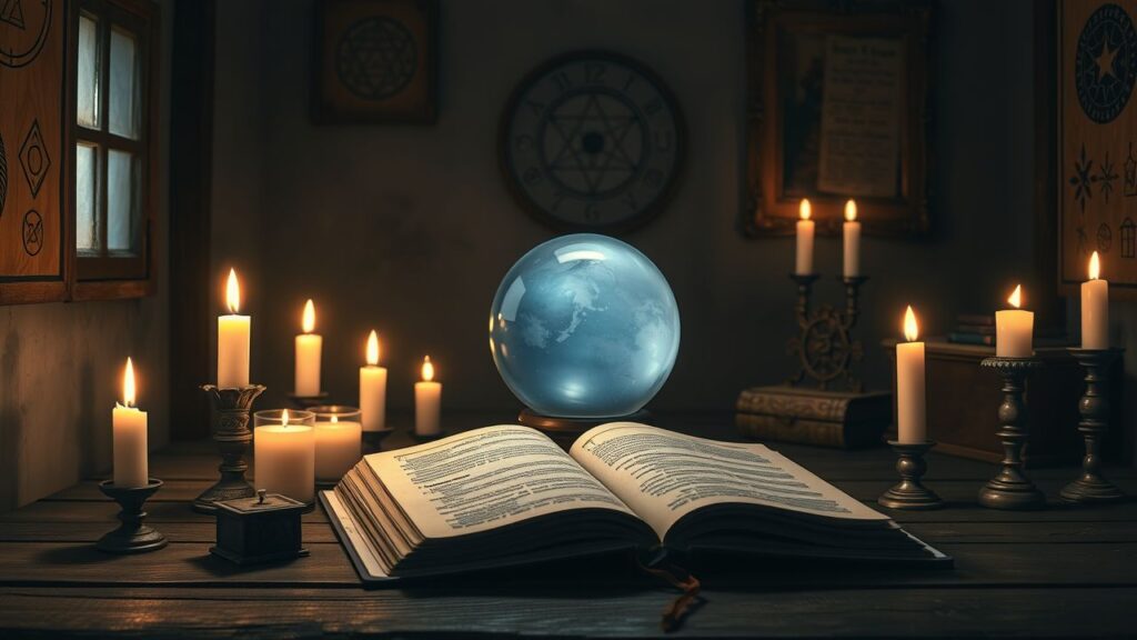 Een mystieke kamer met oude decoraties, een kristallen bol en een voorspellend boek.