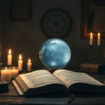 Een mystieke kamer met oude decoraties, een kristallen bol en een voorspellend boek.