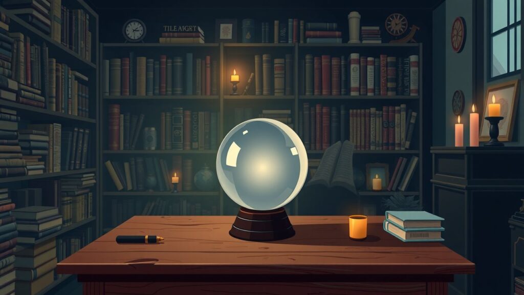Een kristallen bol op een rommelige tafel in een mystieke setting.