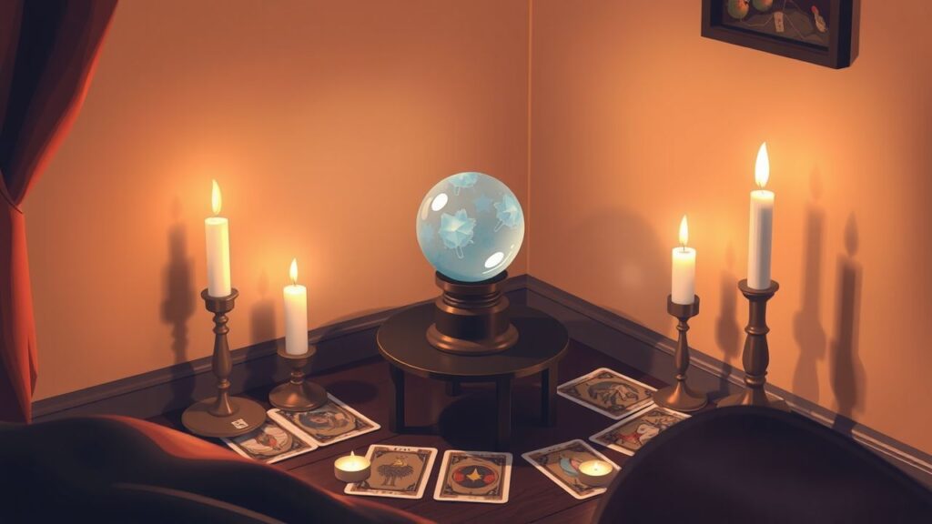 Een gezellige mysterieuze hoek met kristallen bal en tarotkaarten.