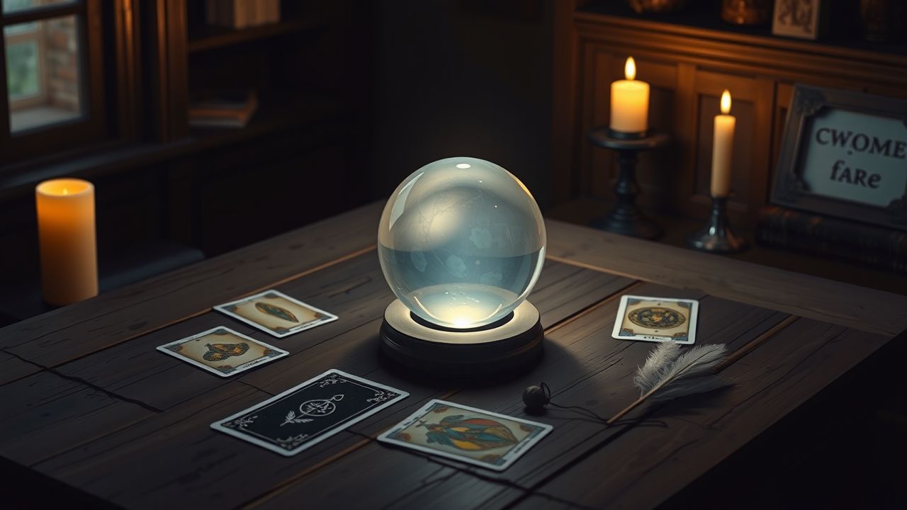 Een kristallen bol, tarotkaarten en een veer op een tafel. Een kristallen bol, tarotkaarten en een veer op een tafel.