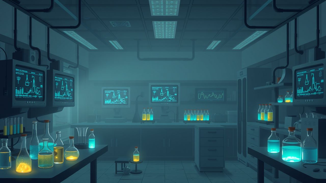 Een verlaten laboratorium met biowapens experimenten en mysterieus glimmende flesjes. Een verlaten laboratorium met biowapens experimenten en mysterieus glimmende flesjes.