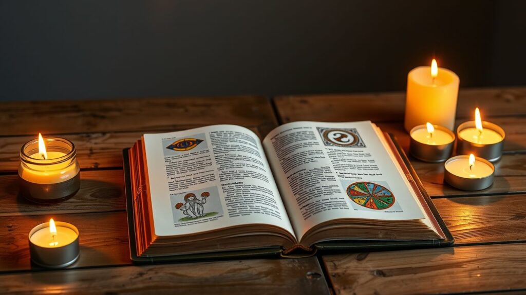 Een open boek over numerologie ligt op een houten tafel tussen brandende kaarsen.