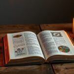 Een open boek over numerologie ligt op een houten tafel tussen brandende kaarsen.