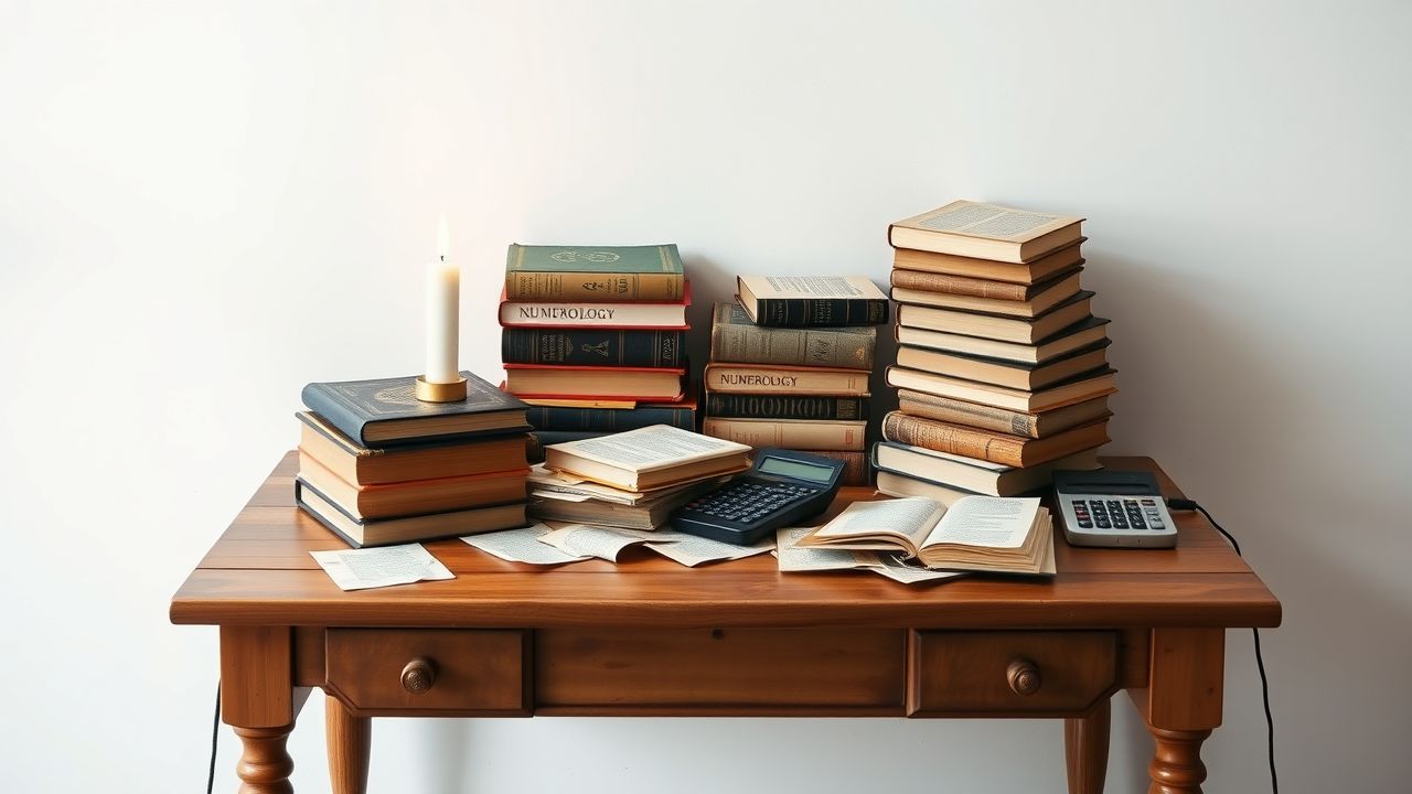 Een rommelig houten bureau met numerologieboeken, rekenmachines en kaars.
