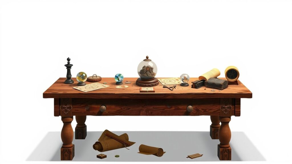 Een tafel met astrologische kaarten, kristallen ballen en oude artefacten.
