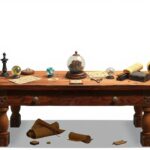 Een tafel met astrologische kaarten, kristallen ballen en oude artefacten.