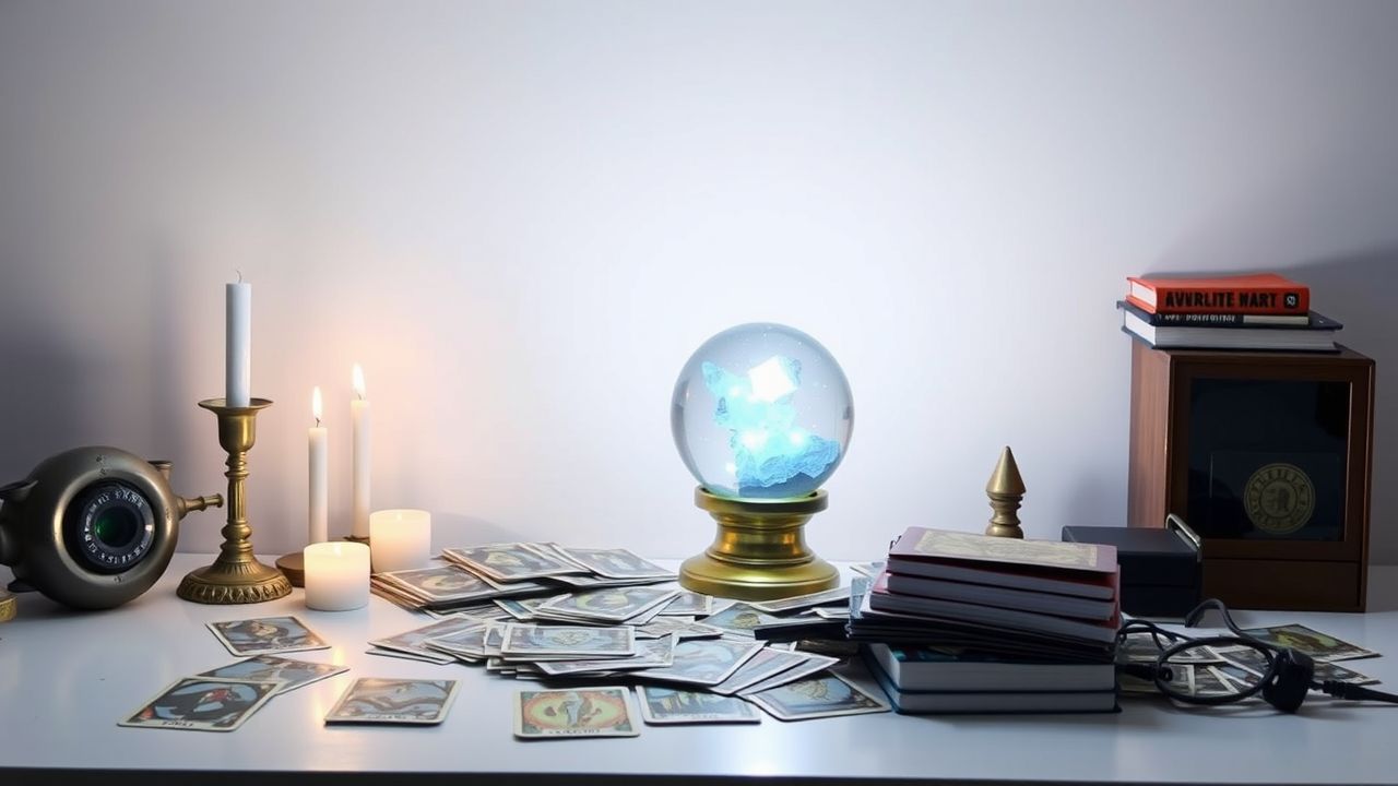 Een rommelig bureau met tarotkaarten, een kristallen bol en kaarsen. Een rommelig bureau met tarotkaarten, een kristallen bol en kaarsen.