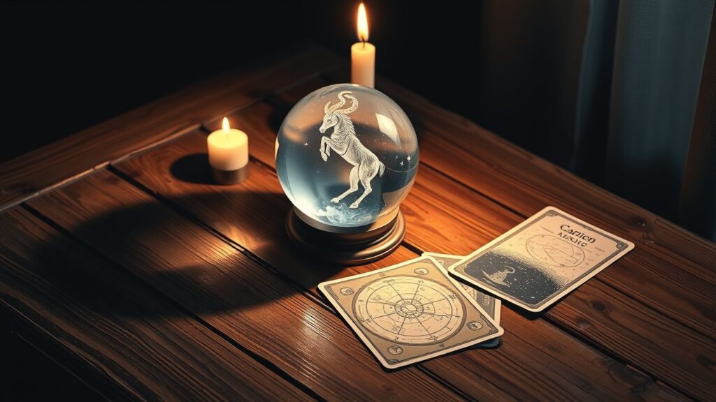 Een mystieke kristallen bol met tarotkaarten en sterrenkaart.