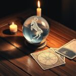 Een mystieke kristallen bol met tarotkaarten en sterrenkaart.