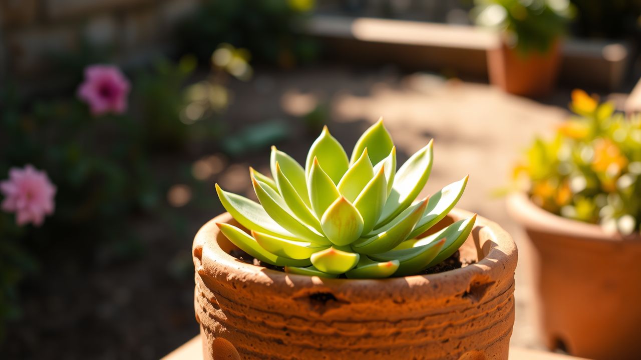 Een weelderige, groene vetplant in terracotta pot in een rustige tuin.