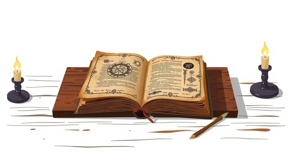 Een oude notitieboek met astrologische symbolen op een houten tafel.