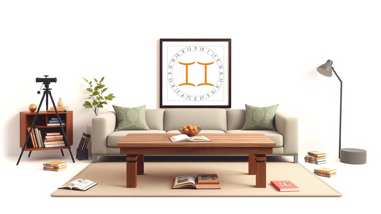 Een comfortabele woonkamer met een Gemini horoscoop en astrologieboeken.