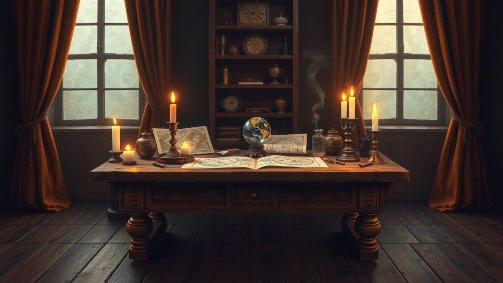 Een rommelige tafel met astrologische kaarten en kristallen ballen.