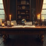 Een rommelige tafel met astrologische kaarten en kristallen ballen.