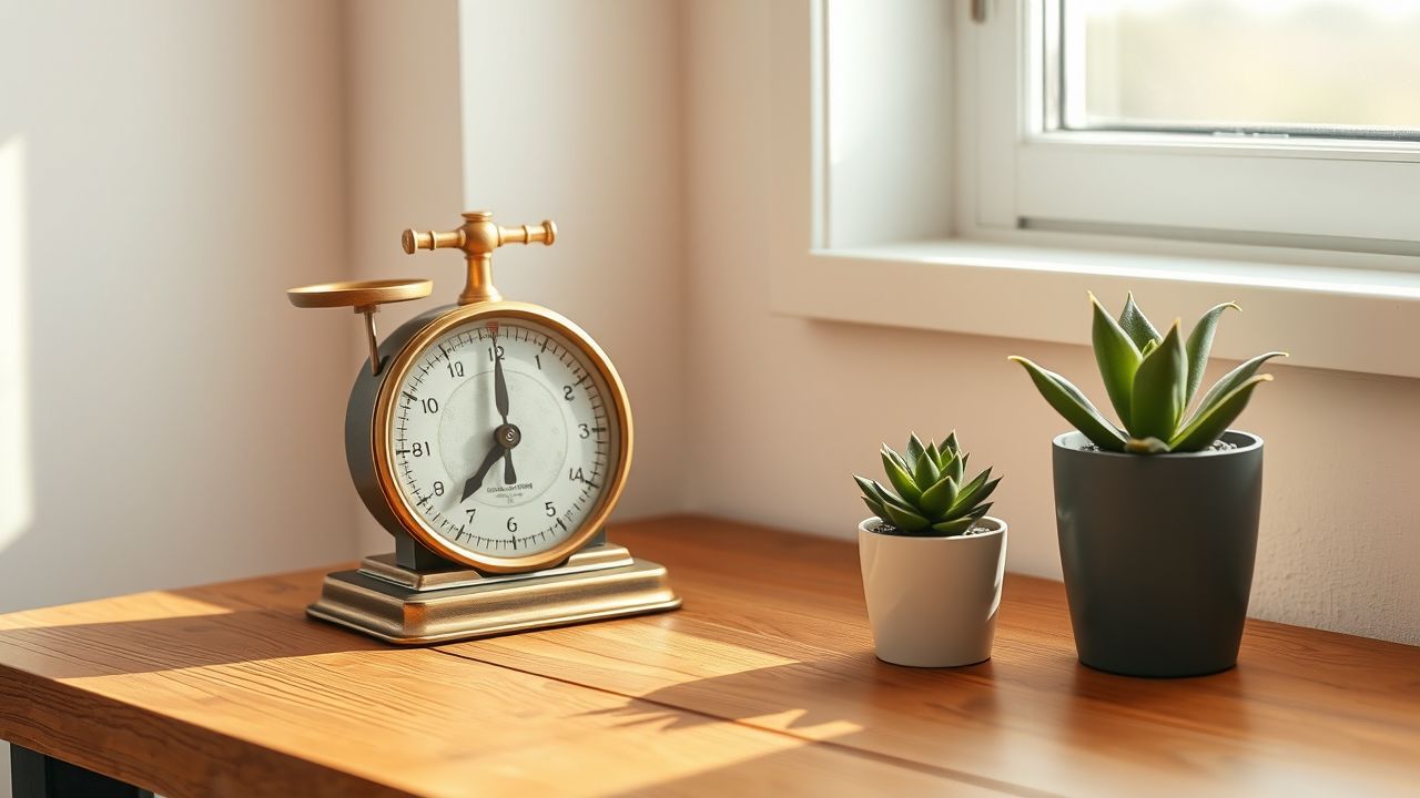 Een vintage messing weegschaal en plant op een houten tafel.