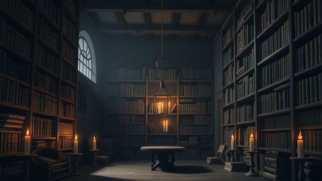 Een mysterieuze en uitnodigende oude bibliotheek gevuld met boeken en kaarsen.