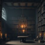 Een mysterieuze en uitnodigende oude bibliotheek gevuld met boeken en kaarsen.