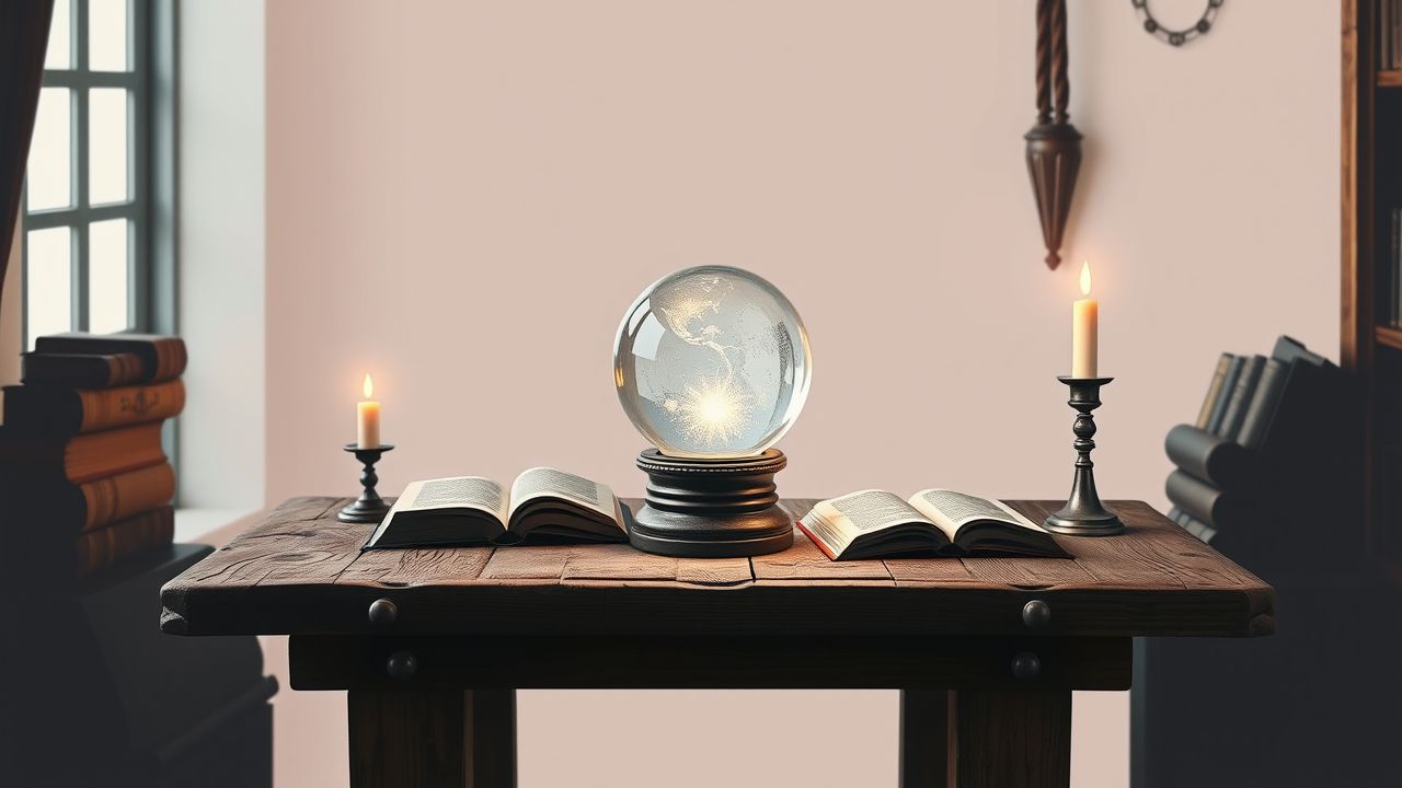 Een vintage kristallen bol op een houten tafel in een betoverende setting. Een vintage kristallen bol op een houten tafel in een betoverende setting.