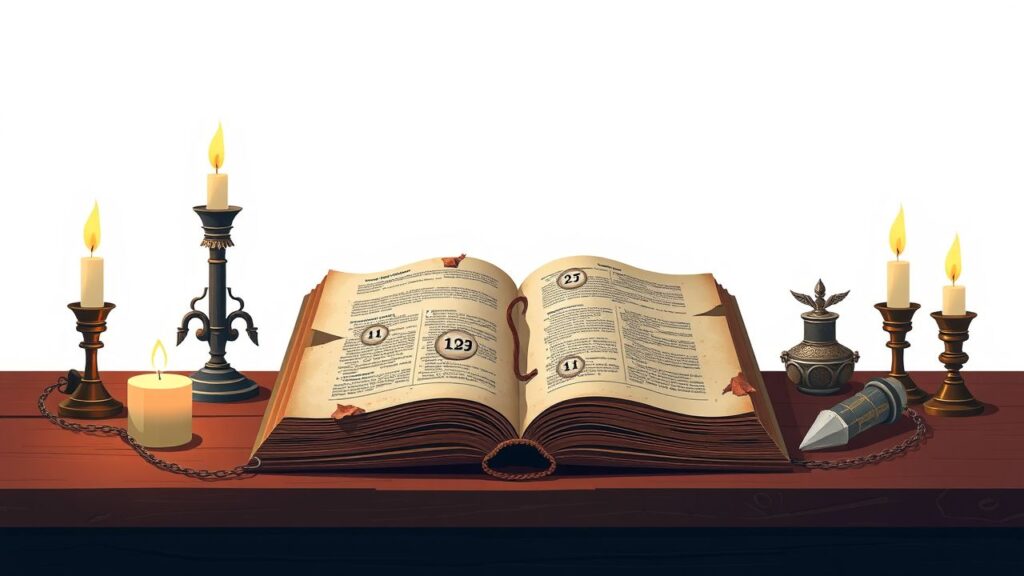 Een oude, versleten boek met engelachtige symbolen en kaarsen.