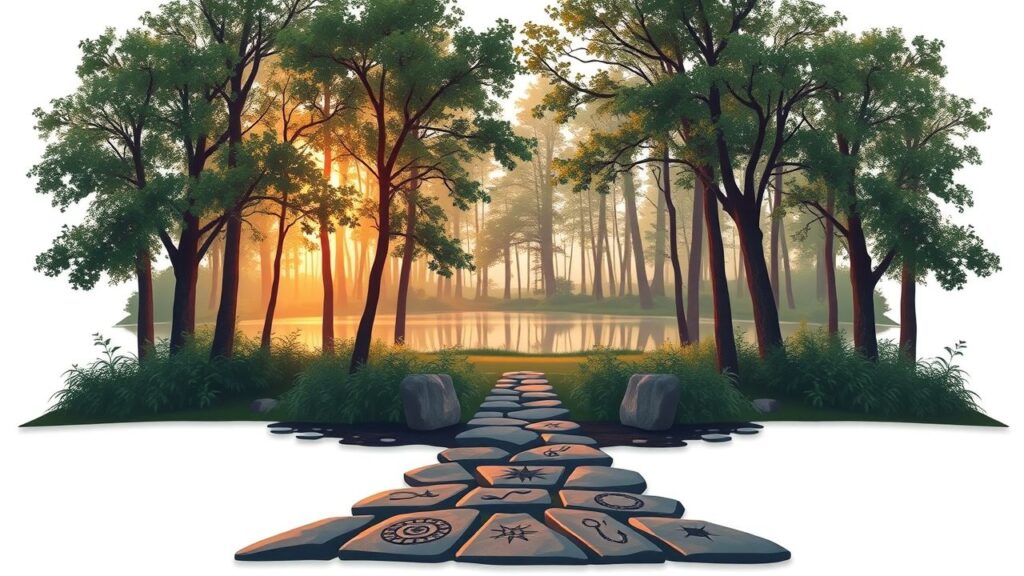 Een rustig bos bij schemering met een vijver en stenen pad.