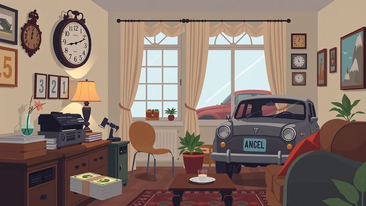 Een gezellige woonkamer met vintage decor en symbolische nummers.