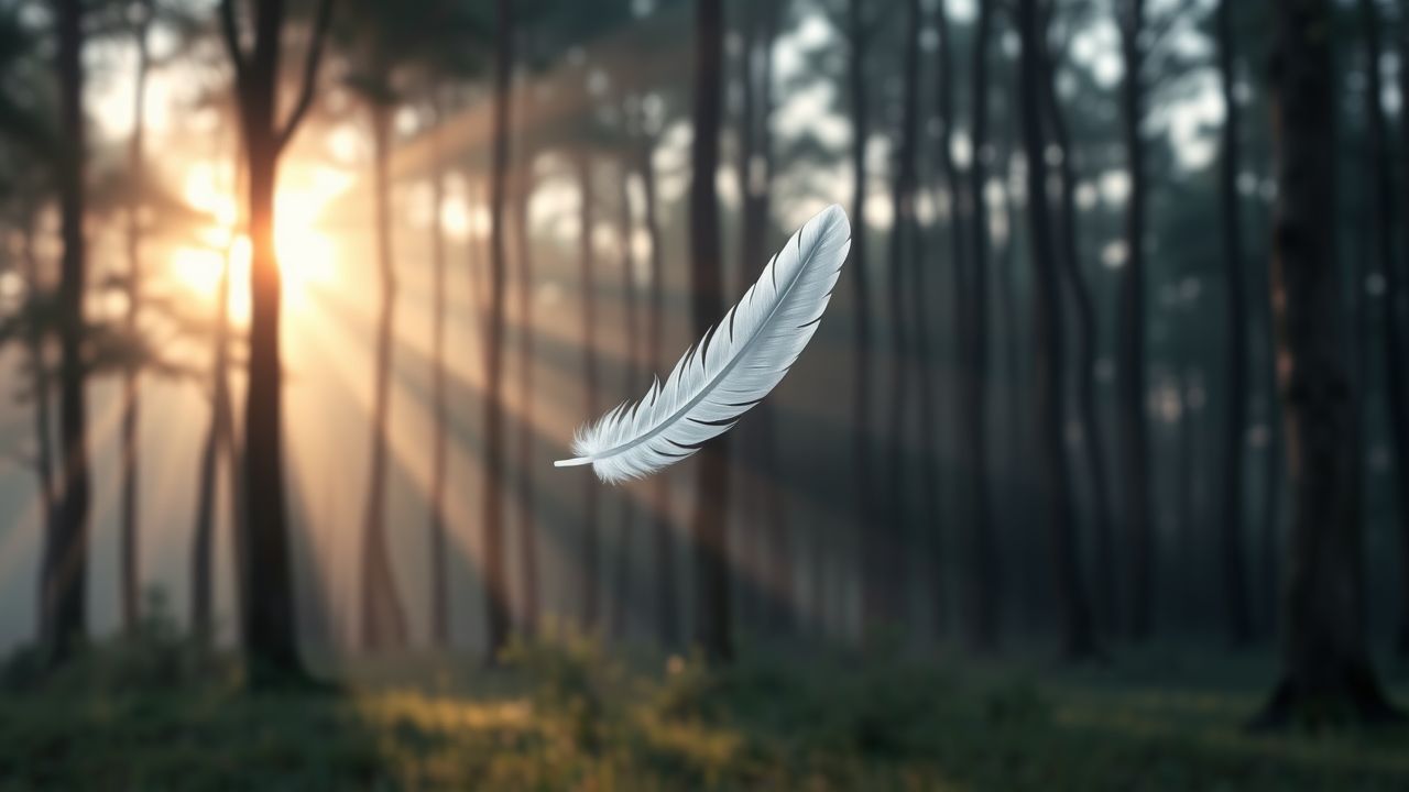 Een witte veer zweeft in een rustig bos tijdens de schemering.