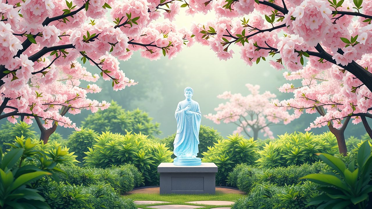 Een vredige tuin met bloeiende kersenbloesem en kristallen figuur.