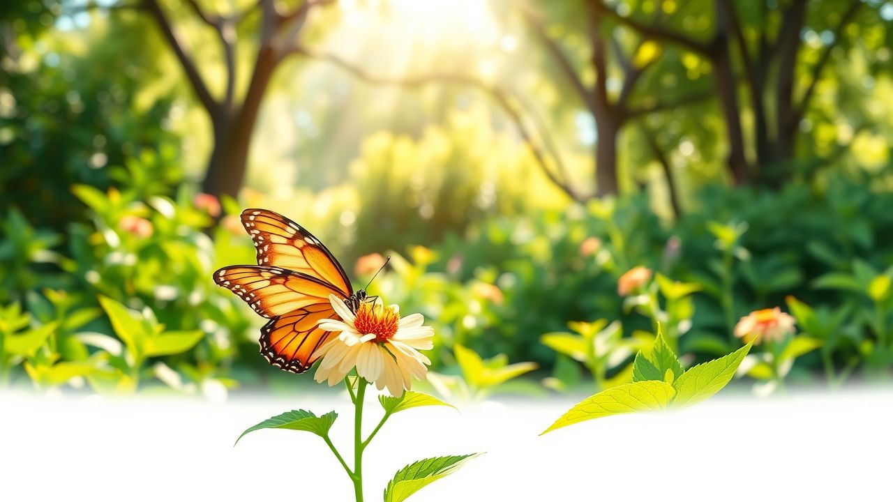 Een vredige tuinscene met groene planten en een vlinder op een bloem.