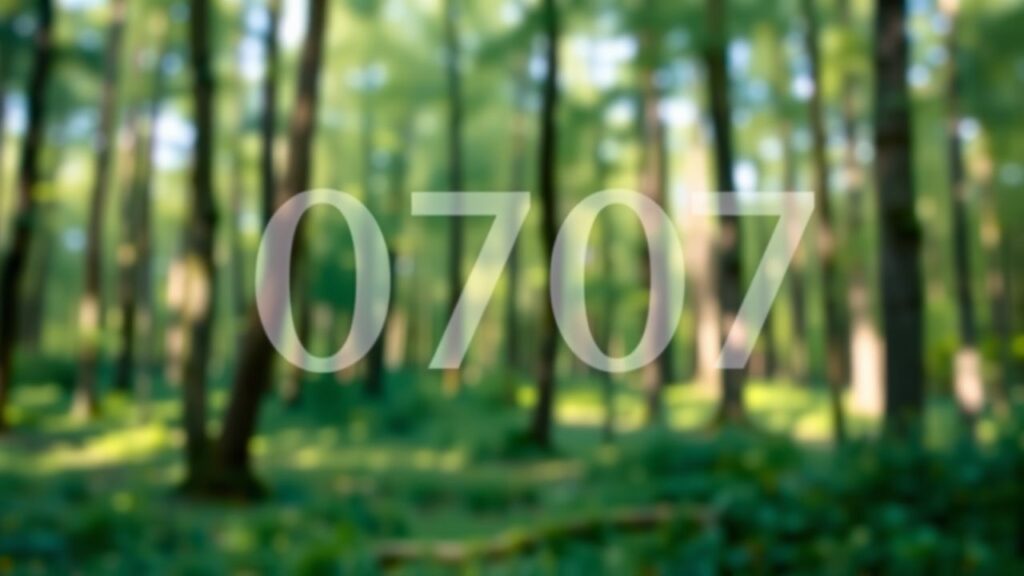Een rustig bos met het nummer 0707 suggereert spirituele begeleiding.