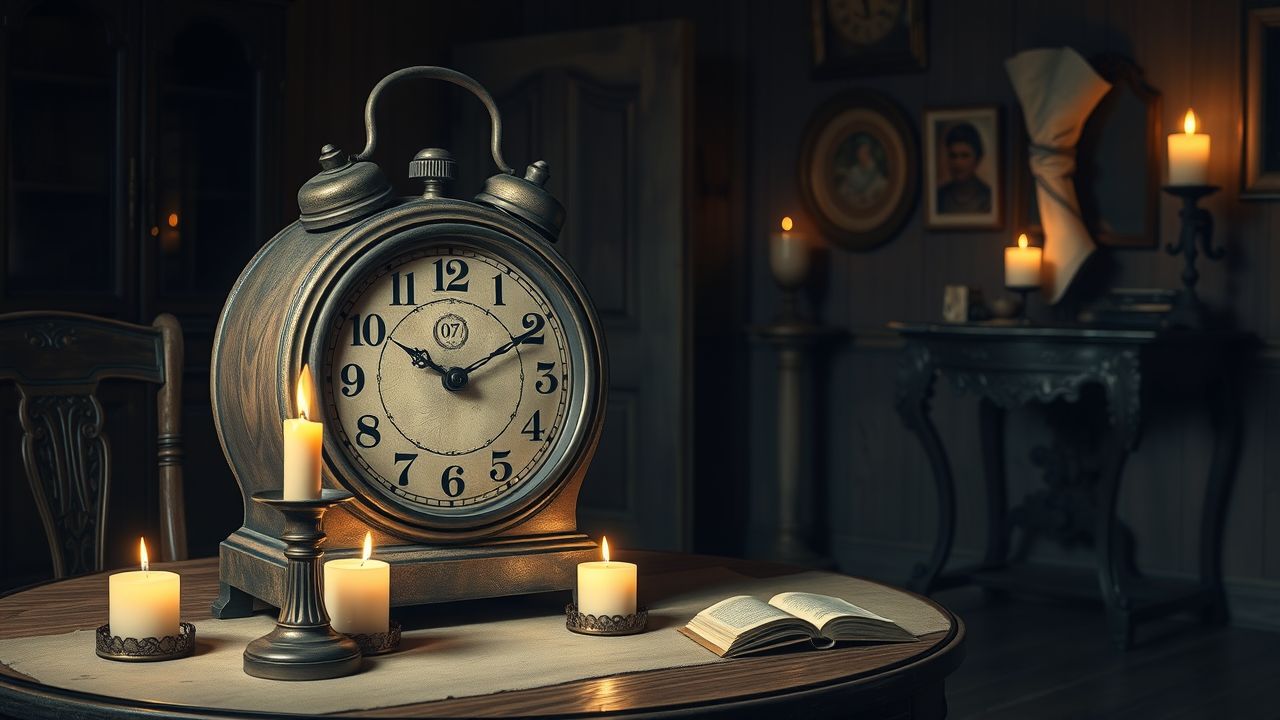 Een oude, verweerde klok omringd door kaarslicht en antieke meubels.