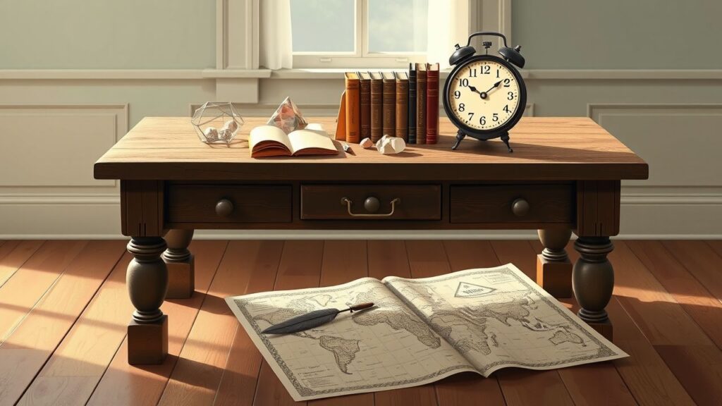 Een verzameling van numerologie boeken, kristallen, en vintage kaart op tafel.