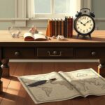 Een verzameling van numerologie boeken, kristallen, en vintage kaart op tafel.